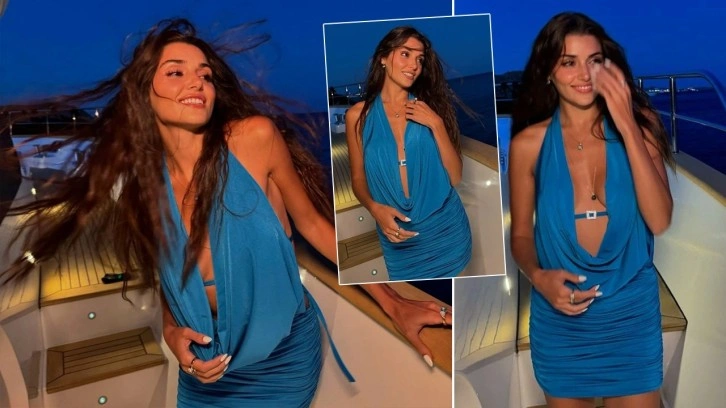 Hande Erçel, Mikonos'ta Klasik Mavi Elbisesiyle Poz Verdi